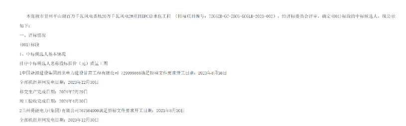 7.30億元！中國(guó)能建200MW風(fēng)電項(xiàng)目EPC總承包工程中標(biāo)候選人公示