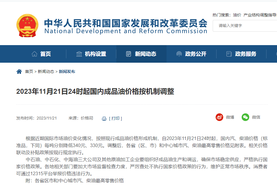 今晚，油價(jià)下調(diào)!附各省汽、柴油最高零售價(jià)